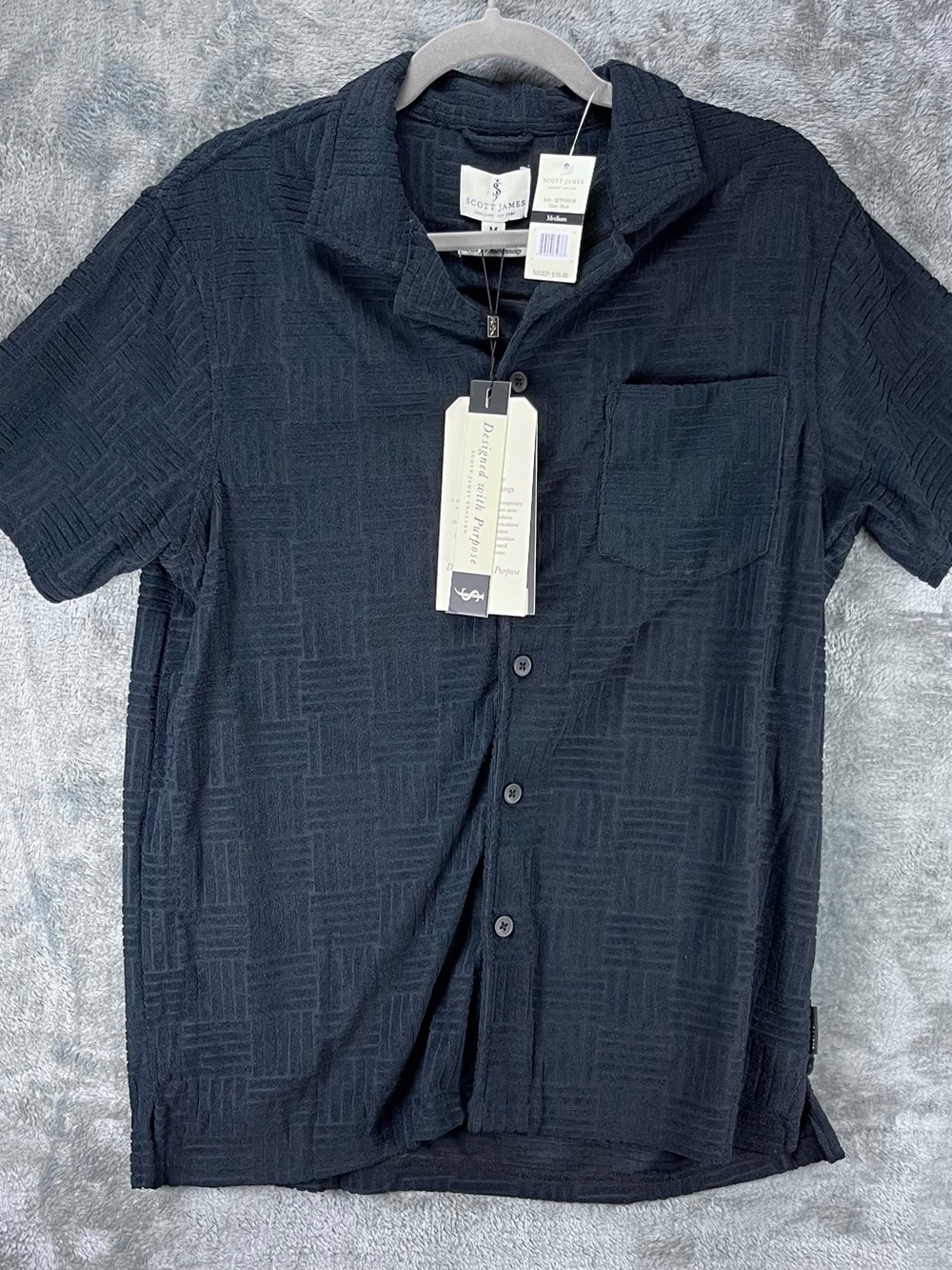 Scott James Men's Black Short-Sleeve Textured Button-Down Shirt